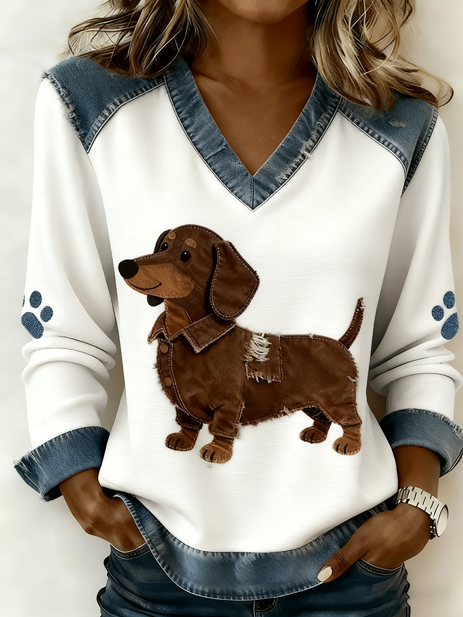 Elmont | Women's V-Neck Patchwork Animal Print Long-Sleeve Top
