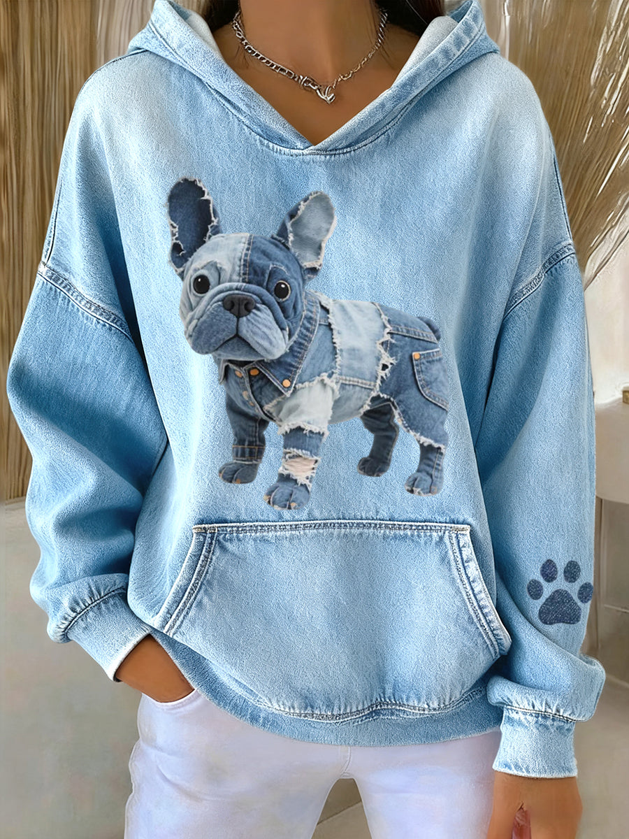 Elmont | Women's Striped French Bulldog Hoodie with Denim Patch