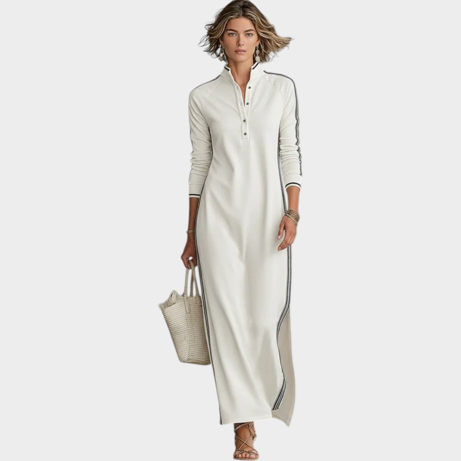 Harper | Long-Sleeve Maxi Dress with Stand Collar and Button Placket