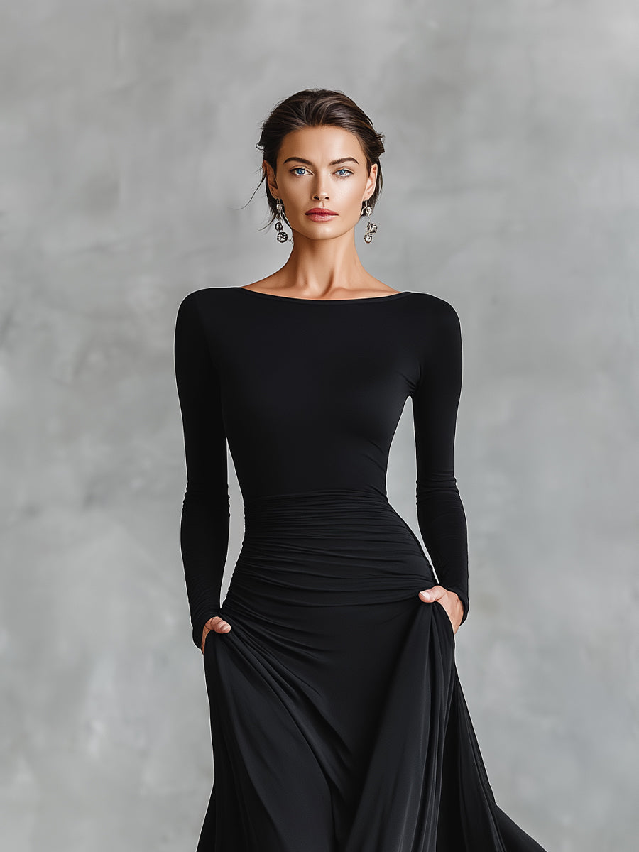 Elmont | Ruched Boat Neck Maxi Dress