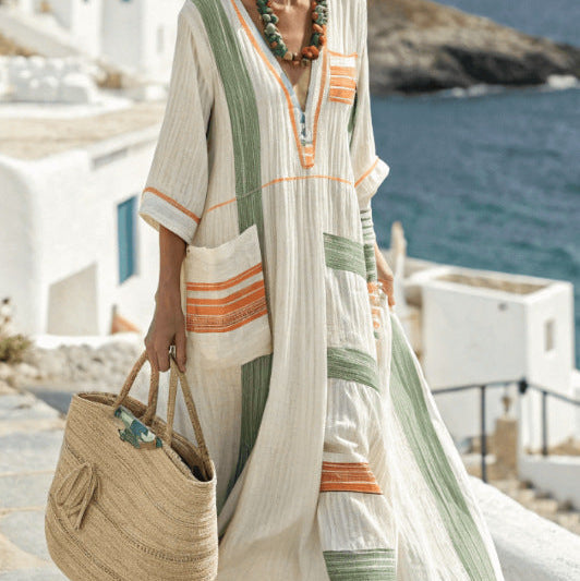 M&H | Caftan Dress with Green and Orange Stripes
