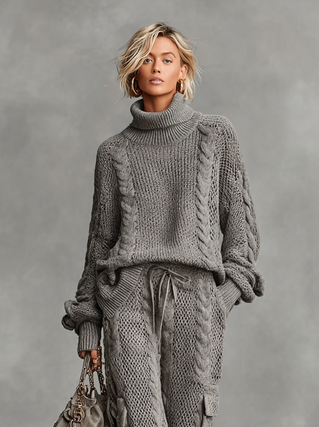 Elmont | Women's Cable Knit Turtleneck Sweater & Cargo Pants Set