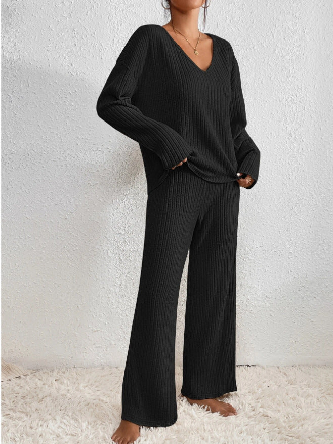 Sarah | Ribbed V-Neck Top and Wide-Leg Pant Set