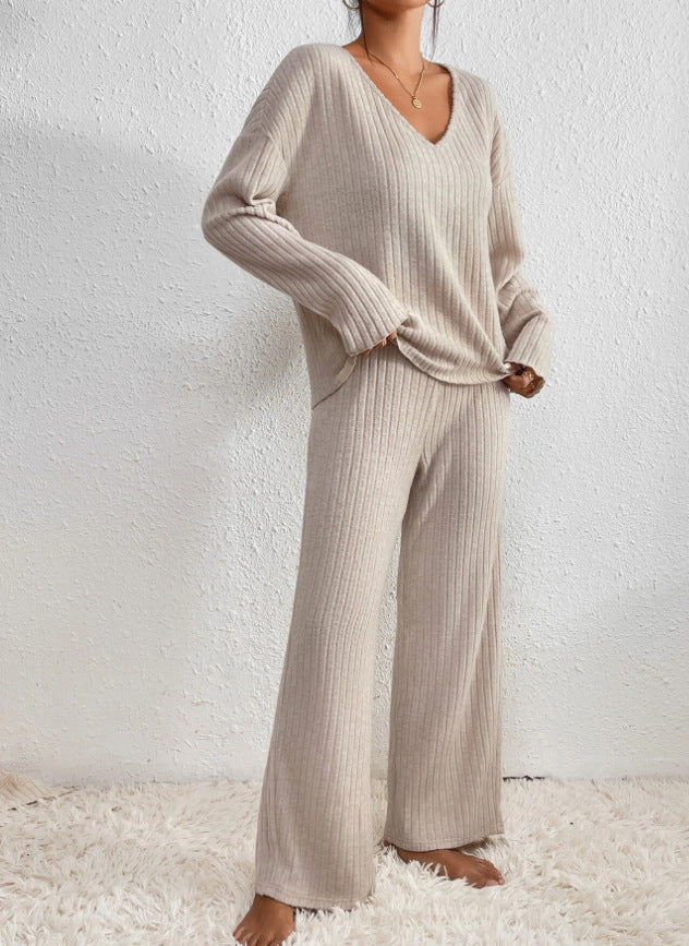 Sarah | Ribbed V-Neck Top and Wide-Leg Pant Set