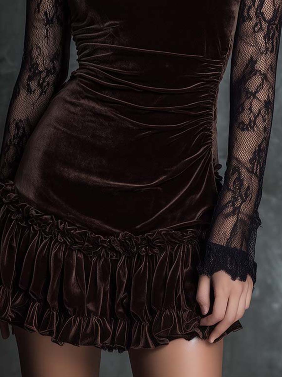 Elmont | Espresso Velvet Lace Pleated Mini Dress