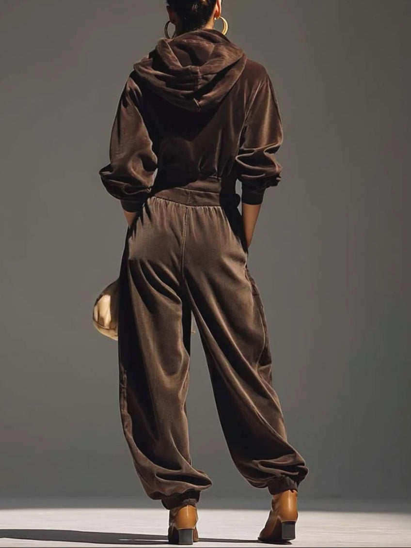 Elmont | Brown Velvet Hoodie and Pants Set with Belt