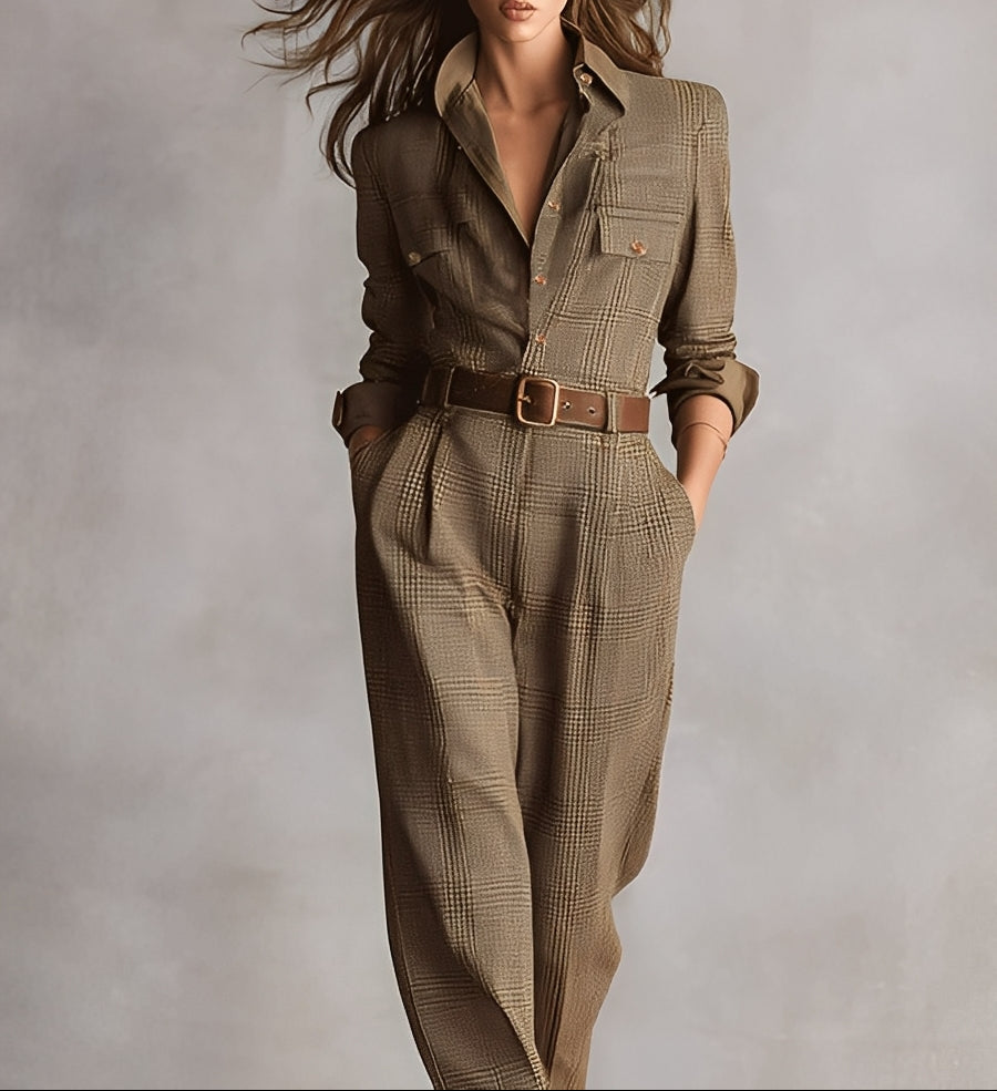 Elmont | Brown Checkered Belted Wide-Leg Jumpsuit