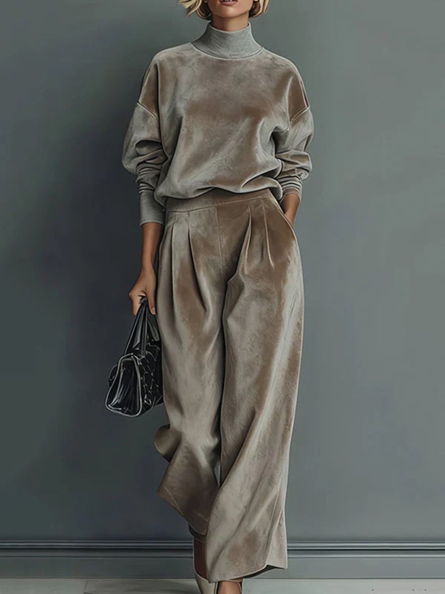 Elmont | Women's Taupe Velvet Turtleneck Two-Piece Set
