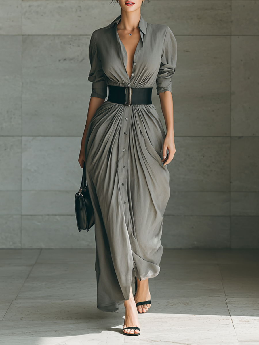 Elmont | Long Pleated Belted Dress