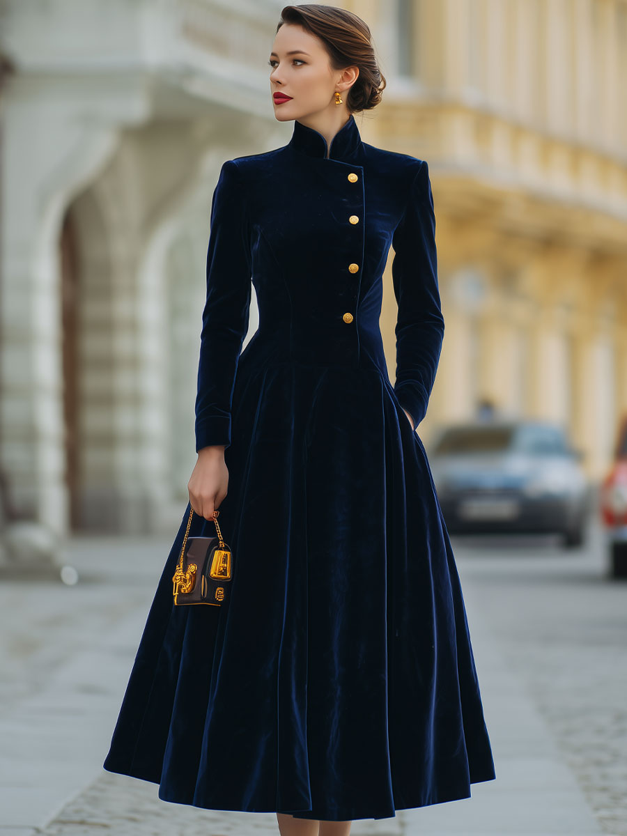 Elmont | Velvet A-Line Dress with Gold Buttons