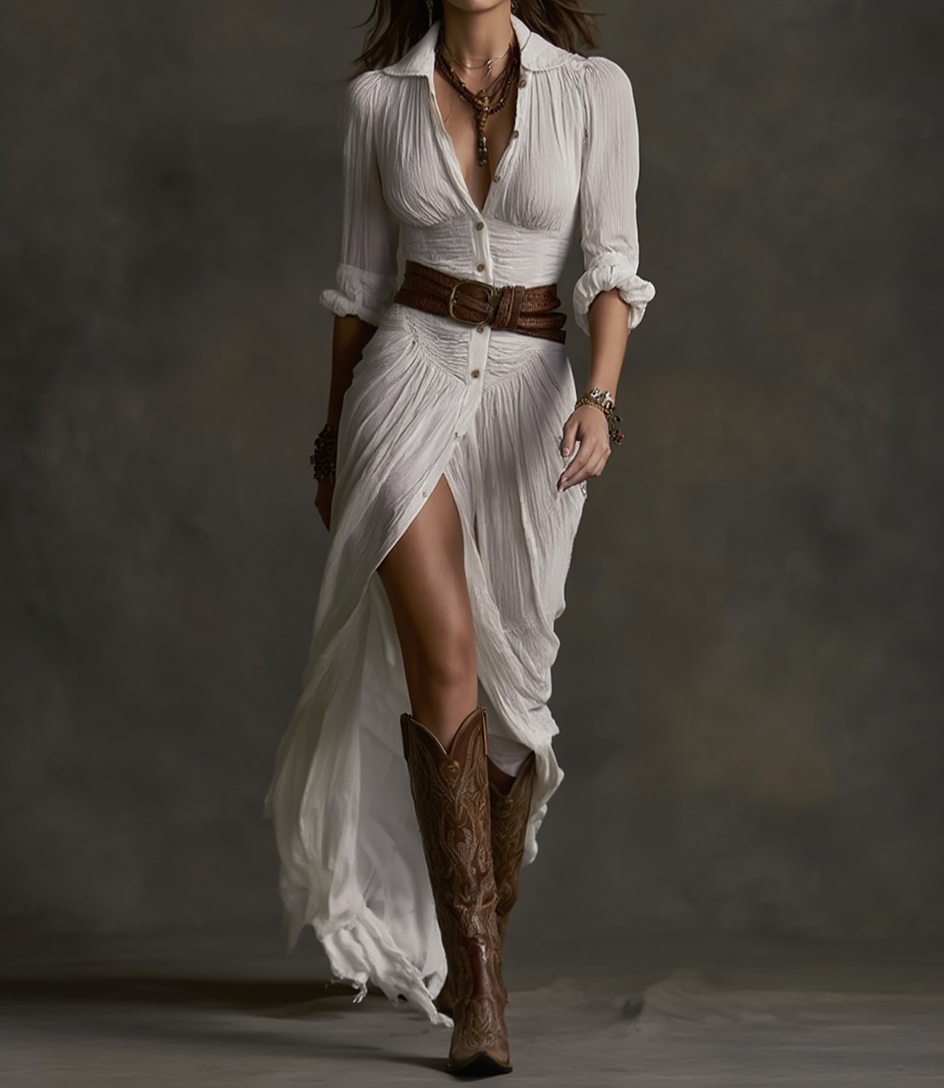 Elmont | Linen-Blend Long Dress with Notched Collar
