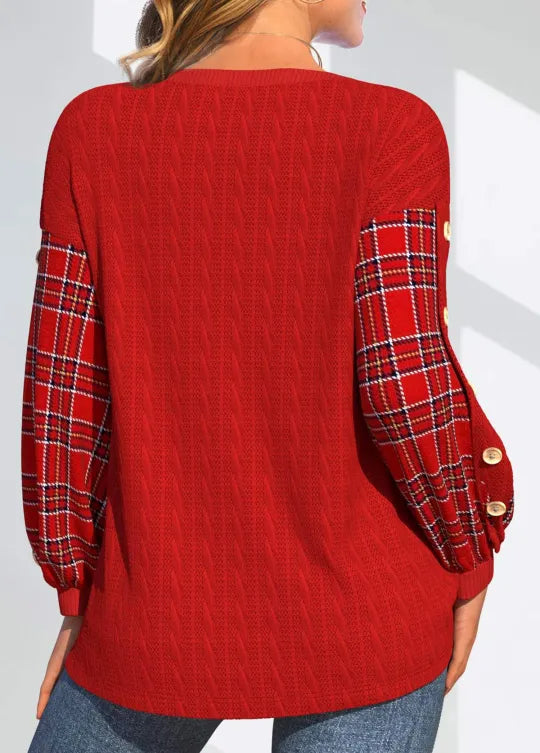 Elmont | Red Waffle-Knit Sweater with Checked Sleeves