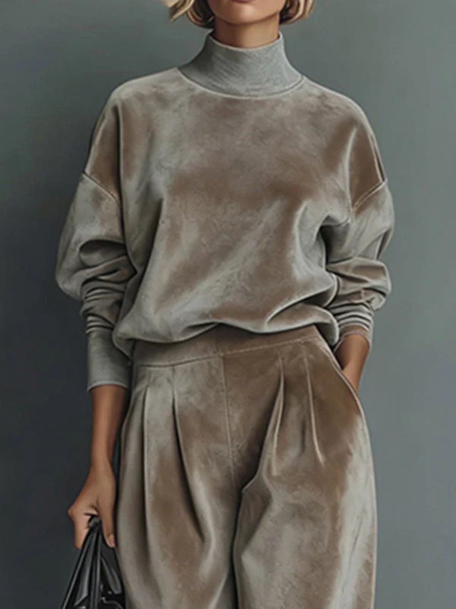 Elmont | Women's Taupe Velvet Turtleneck Two-Piece Set