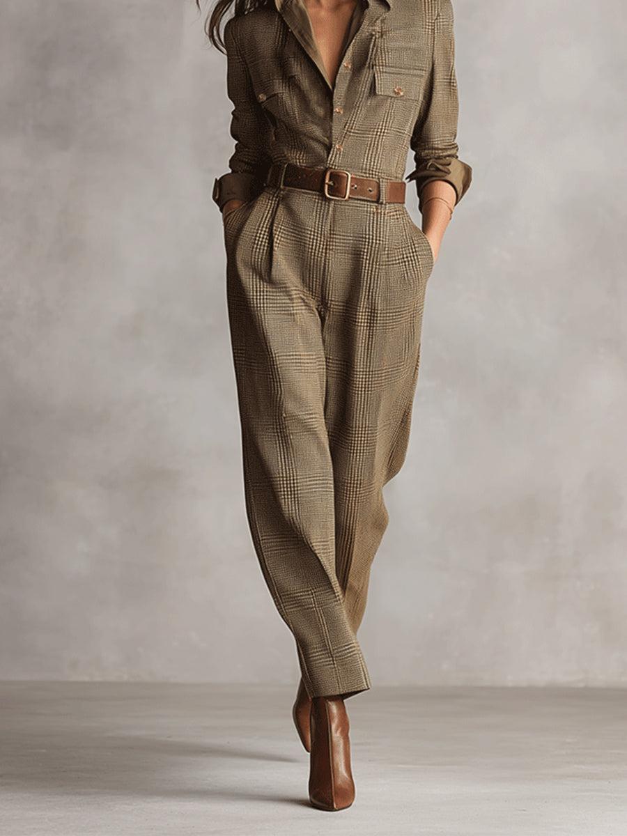 Elmont | Brown Checkered Belted Wide-Leg Jumpsuit