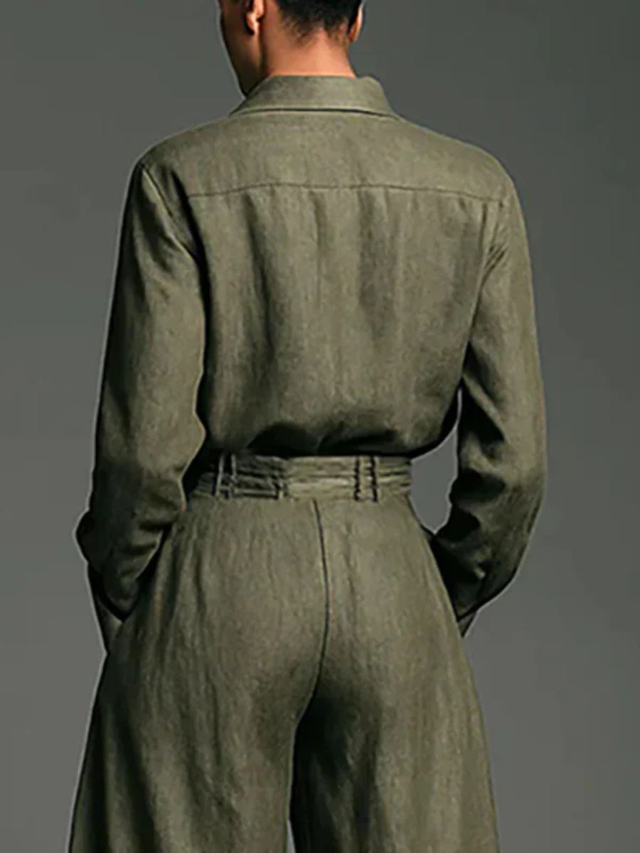 Elmont | Linen-Blend Long-Sleeve Lapel Shirt & High-Waist Wide-Leg Pants Set