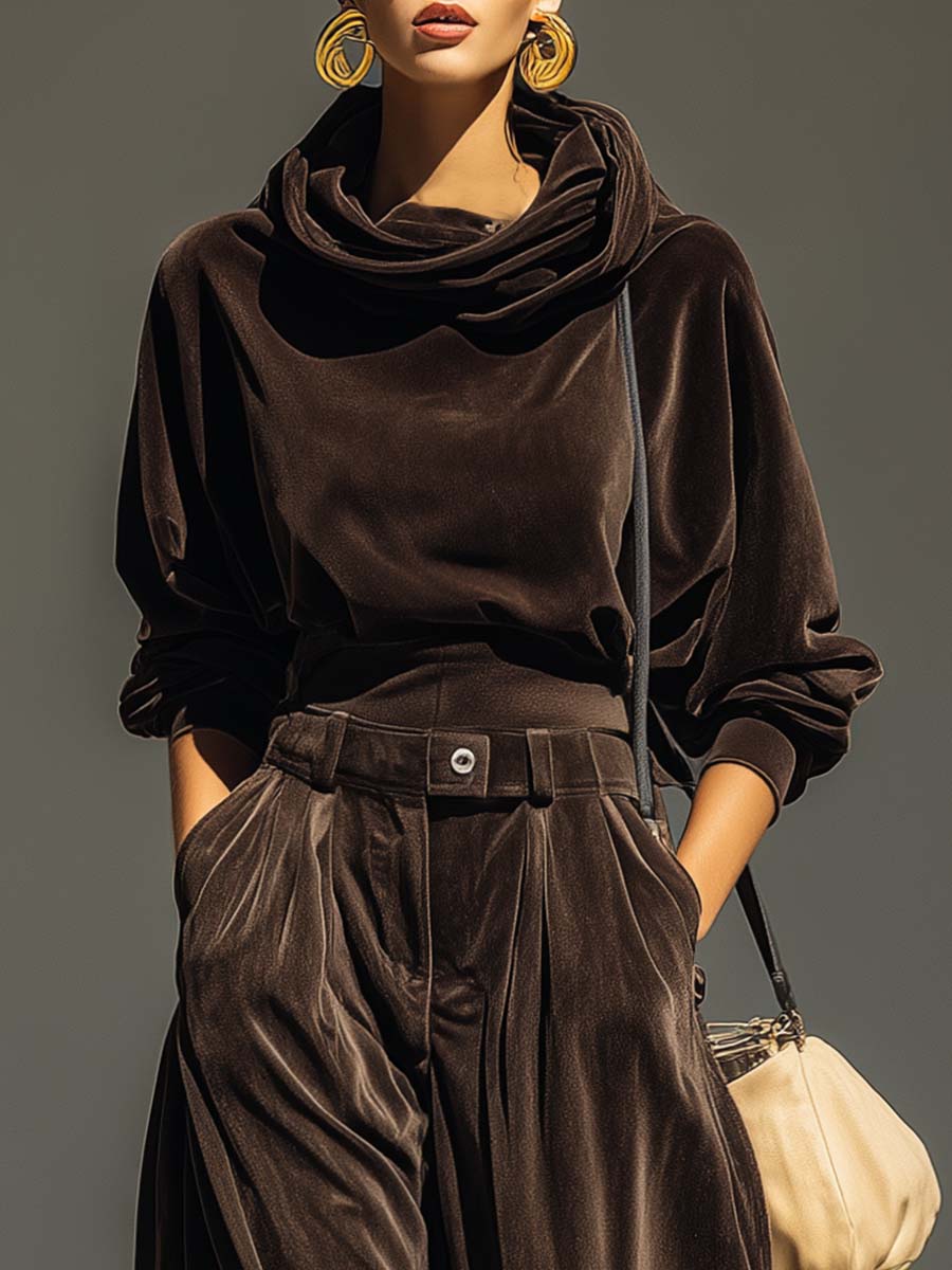 Elmont | Brown Velvet Hoodie and Pants Set with Belt