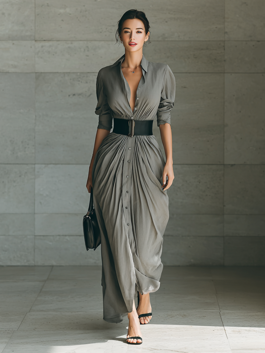 Elmont | Long Pleated Belted Dress
