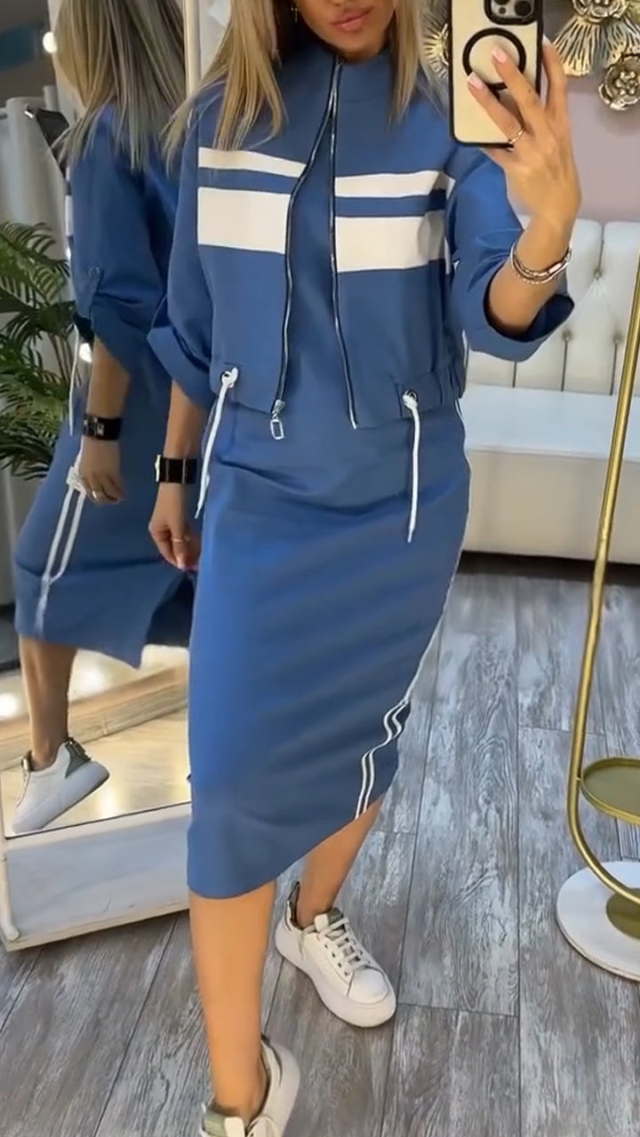 M&H | Striped Midi Dress & Zip Jacket Set