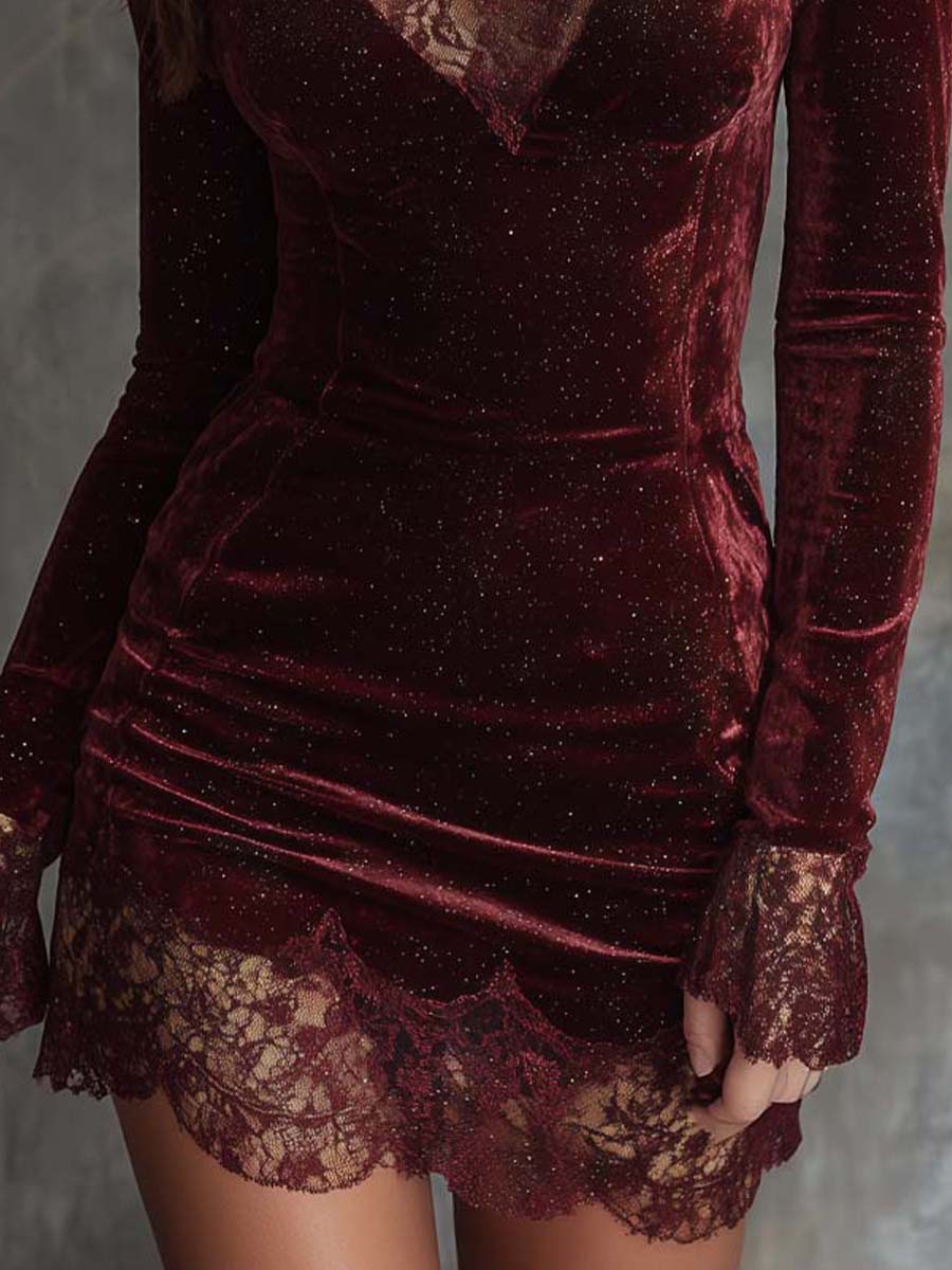 Elmont | Red Velvet Lace-Trim Mini Dress
