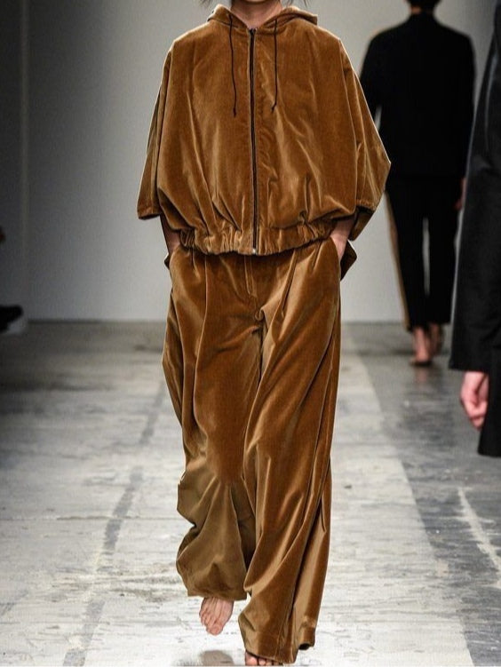 Elmont | Brown Velvet Zip-Up Hoodie and Pants Set