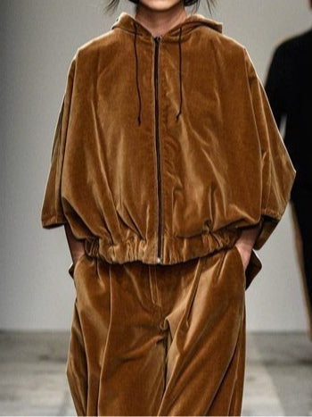 Elmont | Brown Velvet Zip-Up Hoodie and Pants Set