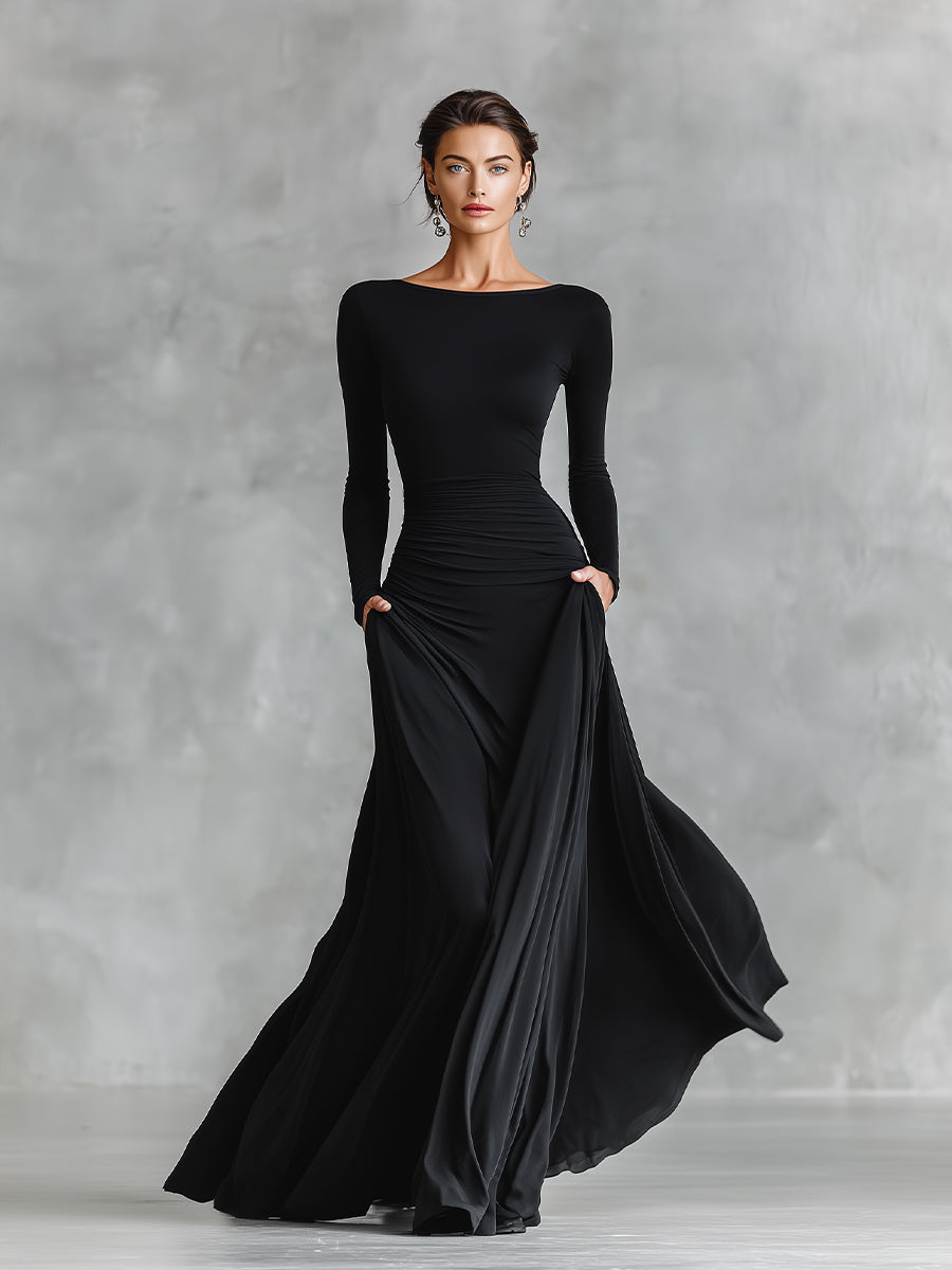 Elmont | Ruched Boat Neck Maxi Dress