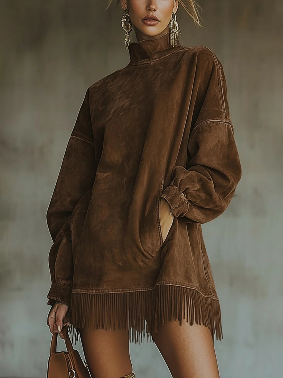 Elmont | Faux Suede High-Neck Fringe Dress