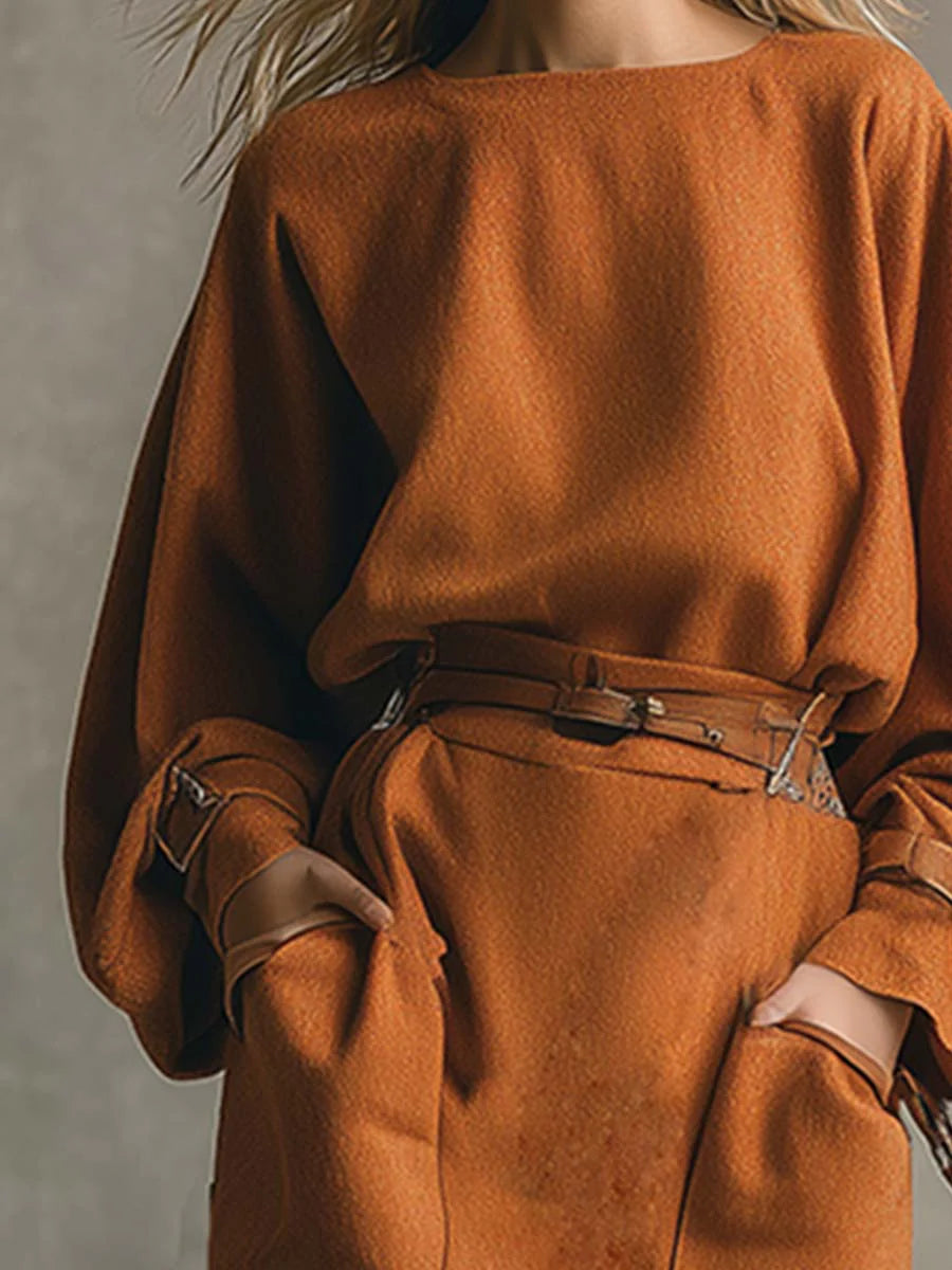 Elmont | Orange Suede Crew-Neck Top & Pocket Maxi Skirt Set
