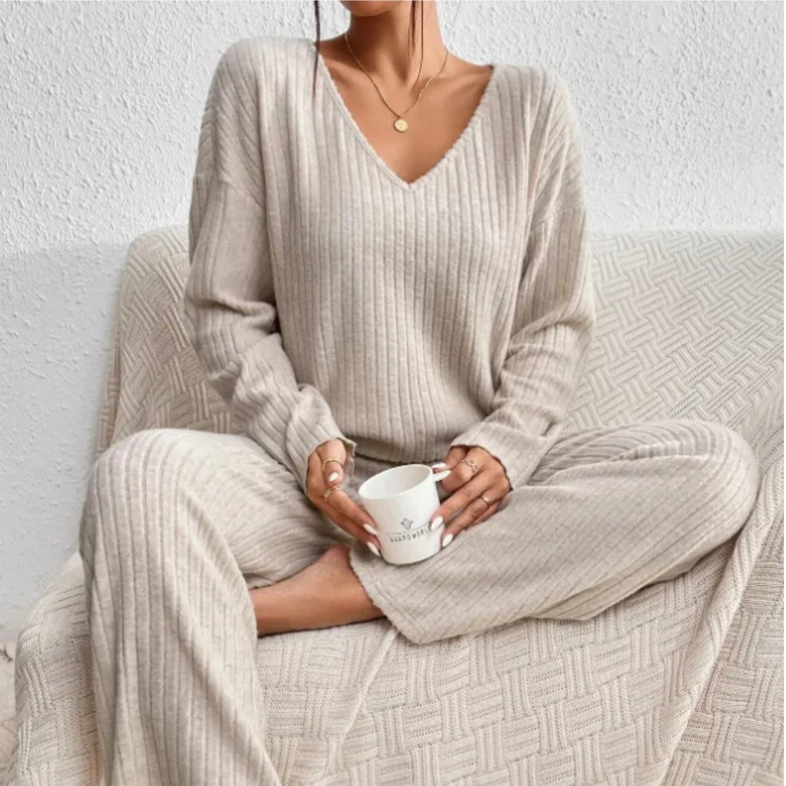 Sarah | Ribbed V-Neck Top and Wide-Leg Pant Set
