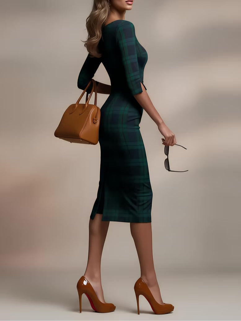 Elmont | Three-Quarter Sleeve Boat Neck Midi Dress