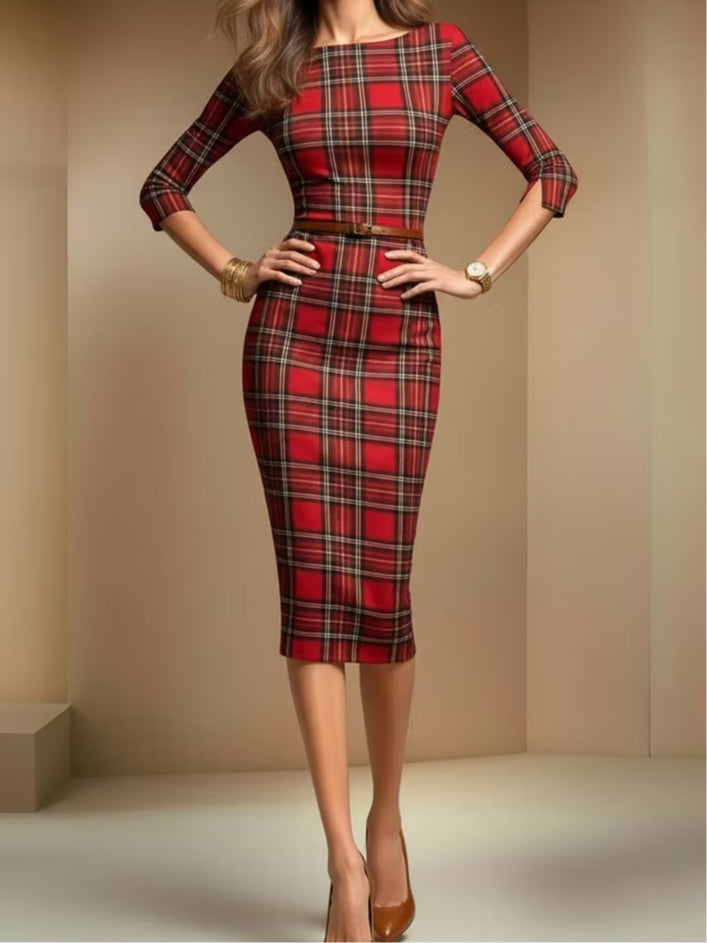Elmont | Red Plaid Belted Three-Quarter Sleeve Midi Dress