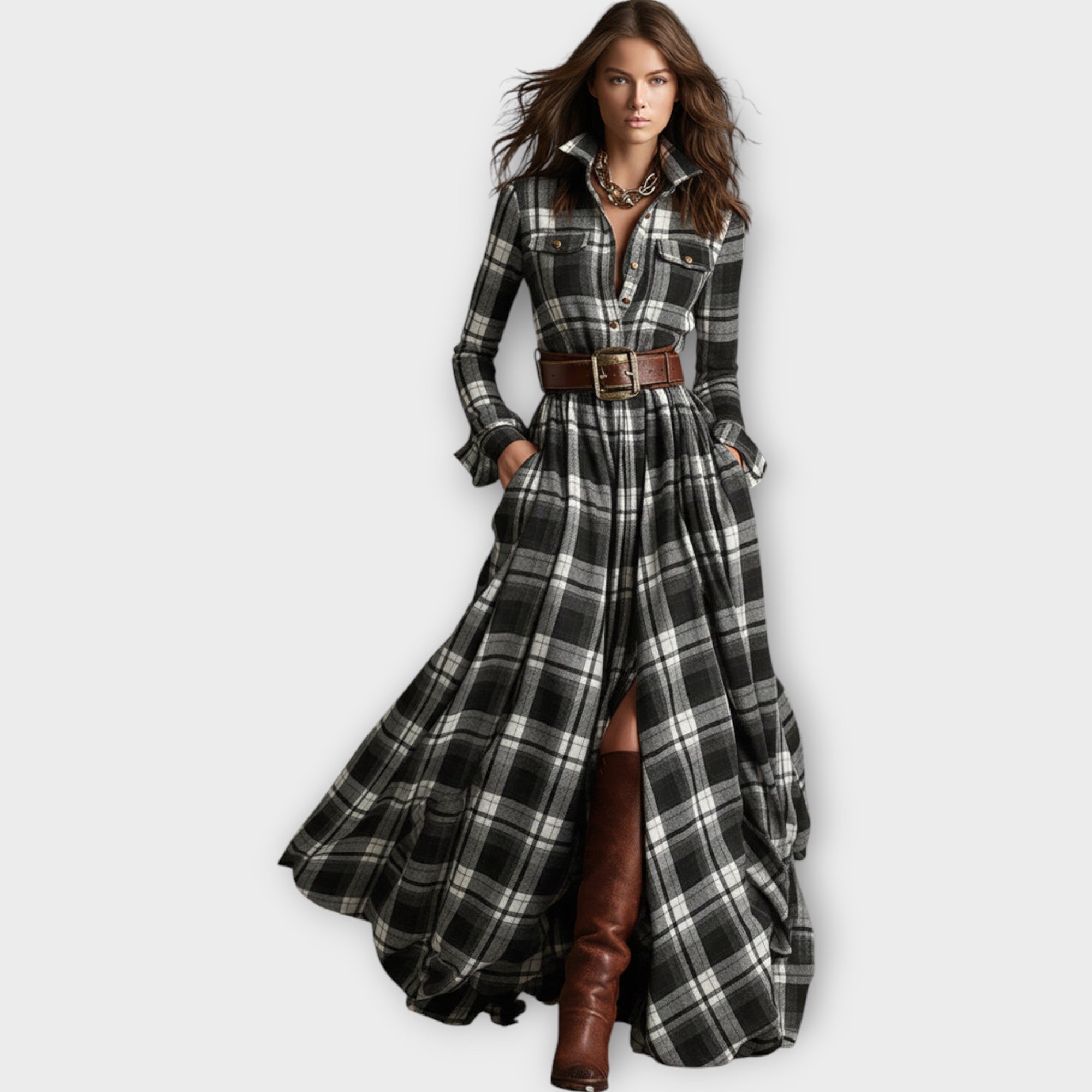 Nora | Plaid Maxi Dress with Button-Down Collar