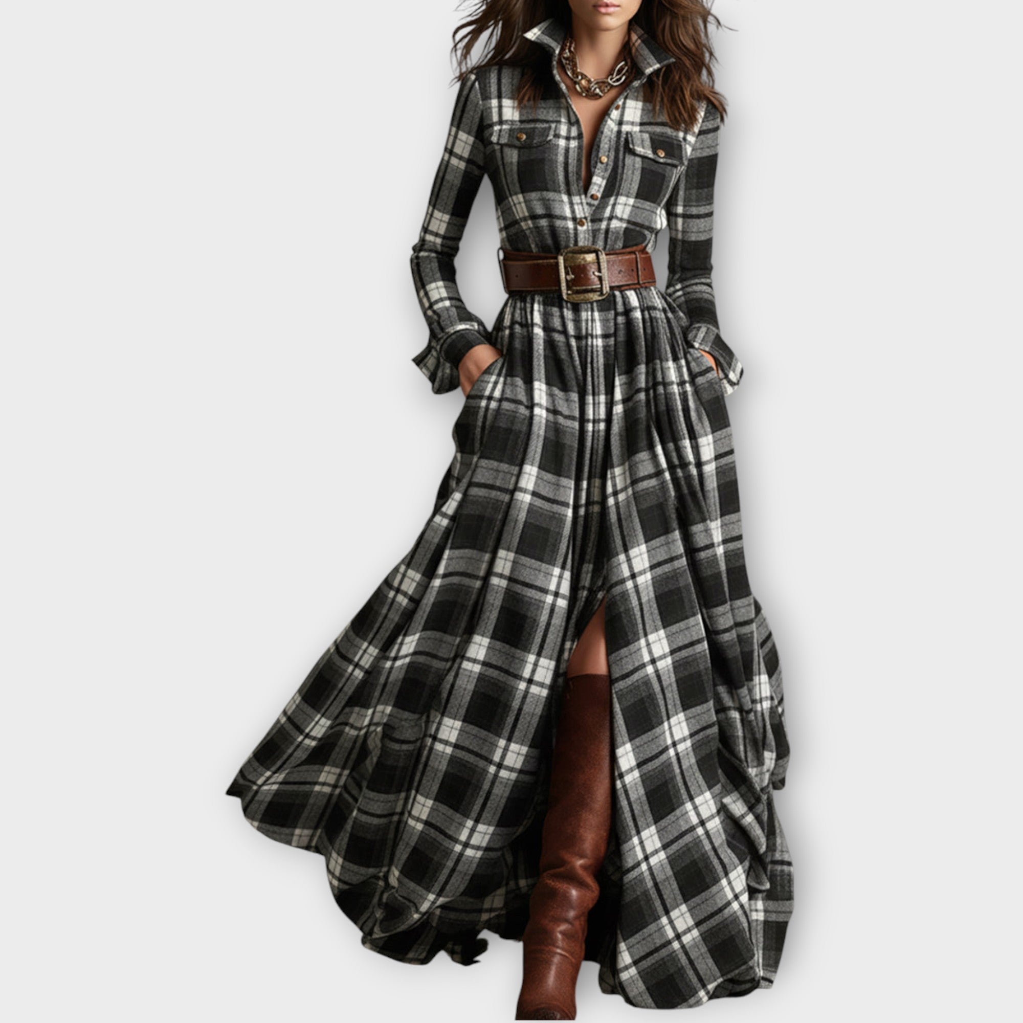 Nora | Plaid Maxi Dress with Button-Down Collar