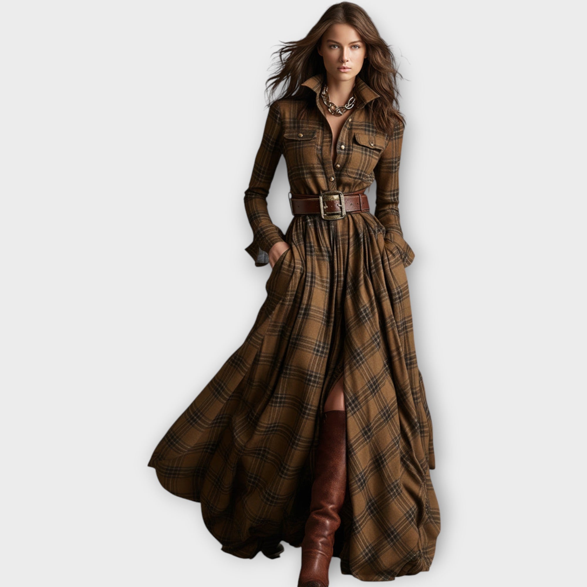 Nora | Plaid Maxi Dress with Button-Down Collar