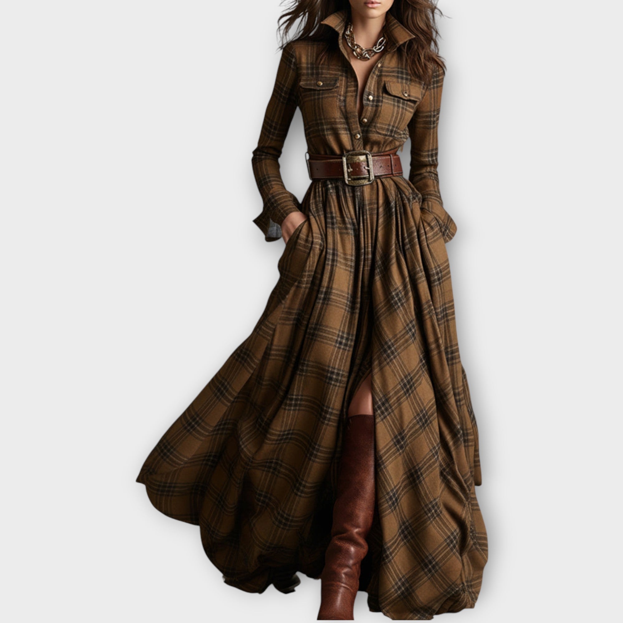 Nora | Plaid Maxi Dress with Button-Down Collar