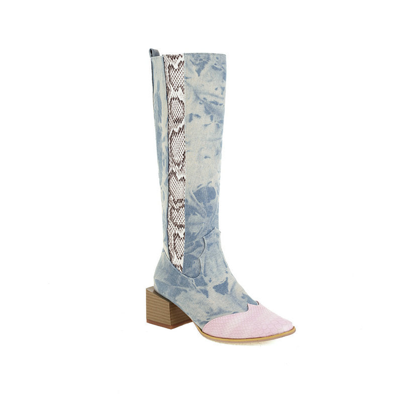 Elmont | Heeled Denim Boots with Snakeskin Detail