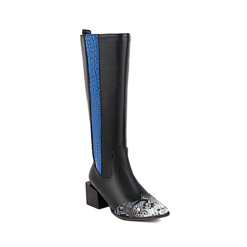 Elmont | Black Knee-High Boots with Snake-Print Toe and Blue Croc Side Band