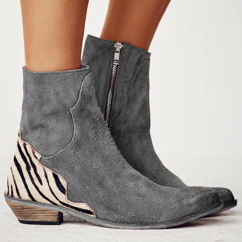 Elmont | Grey Side-Zip Ankle Boots with Animal-Print Heel