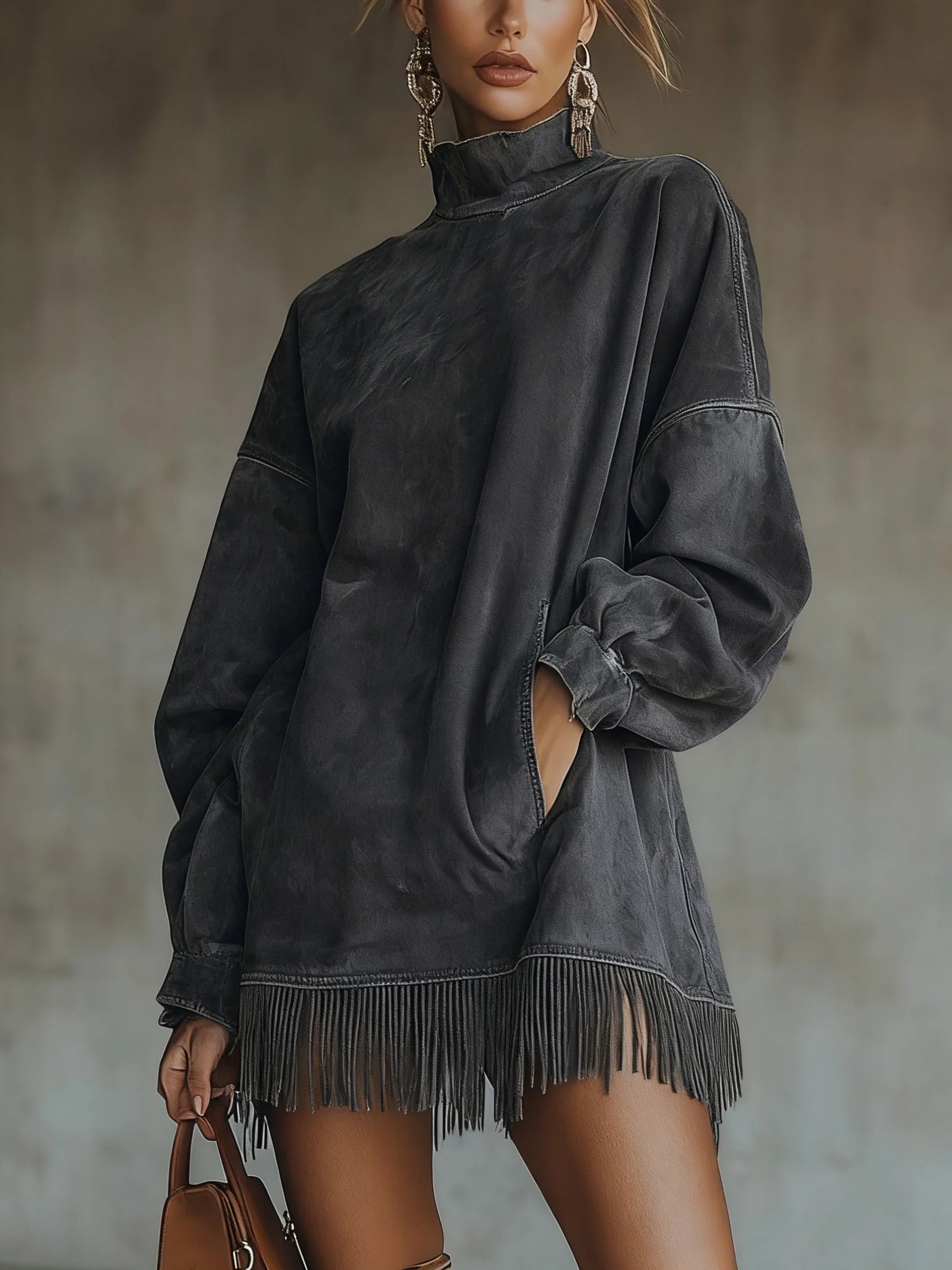 Elmont | Faux Suede High-Neck Fringe Dress