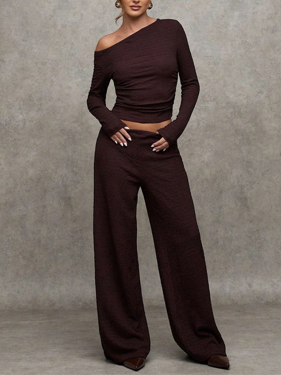 Elmont | Brown Knit Off-Shoulder Top & Wide-Leg Pants Set