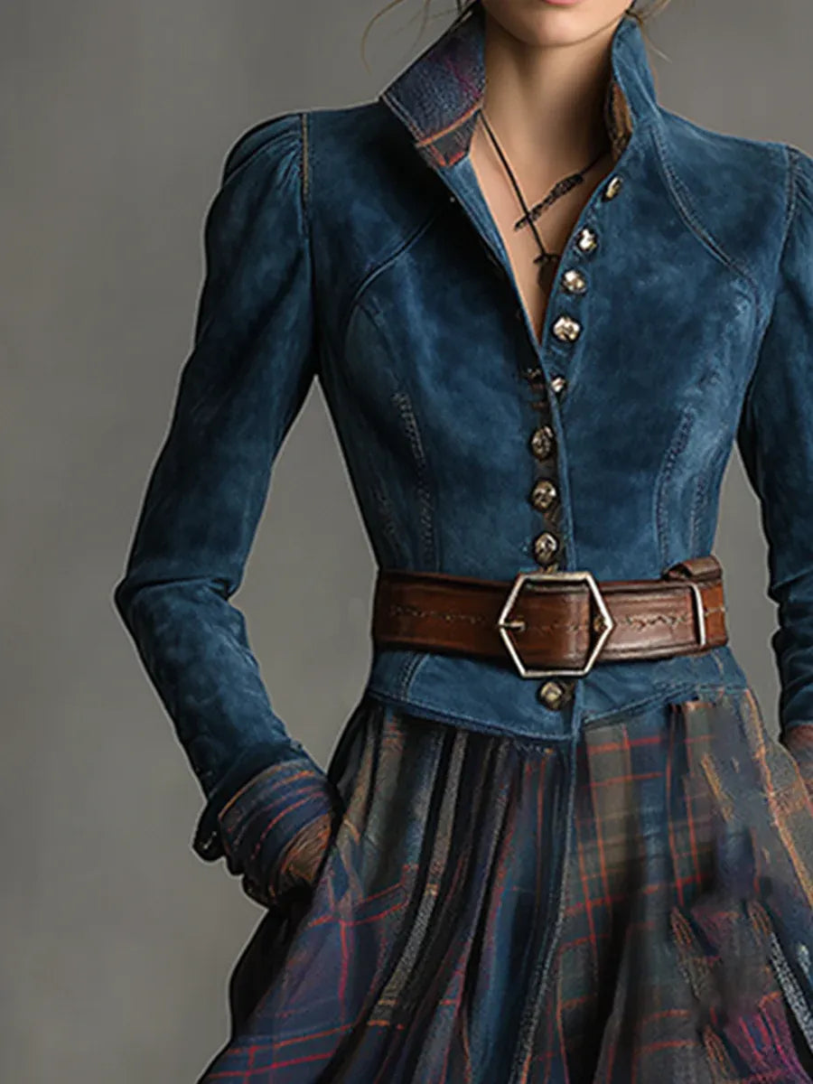 Elmont | Blue Plaid Faux Suede Maxi Dress with Belt