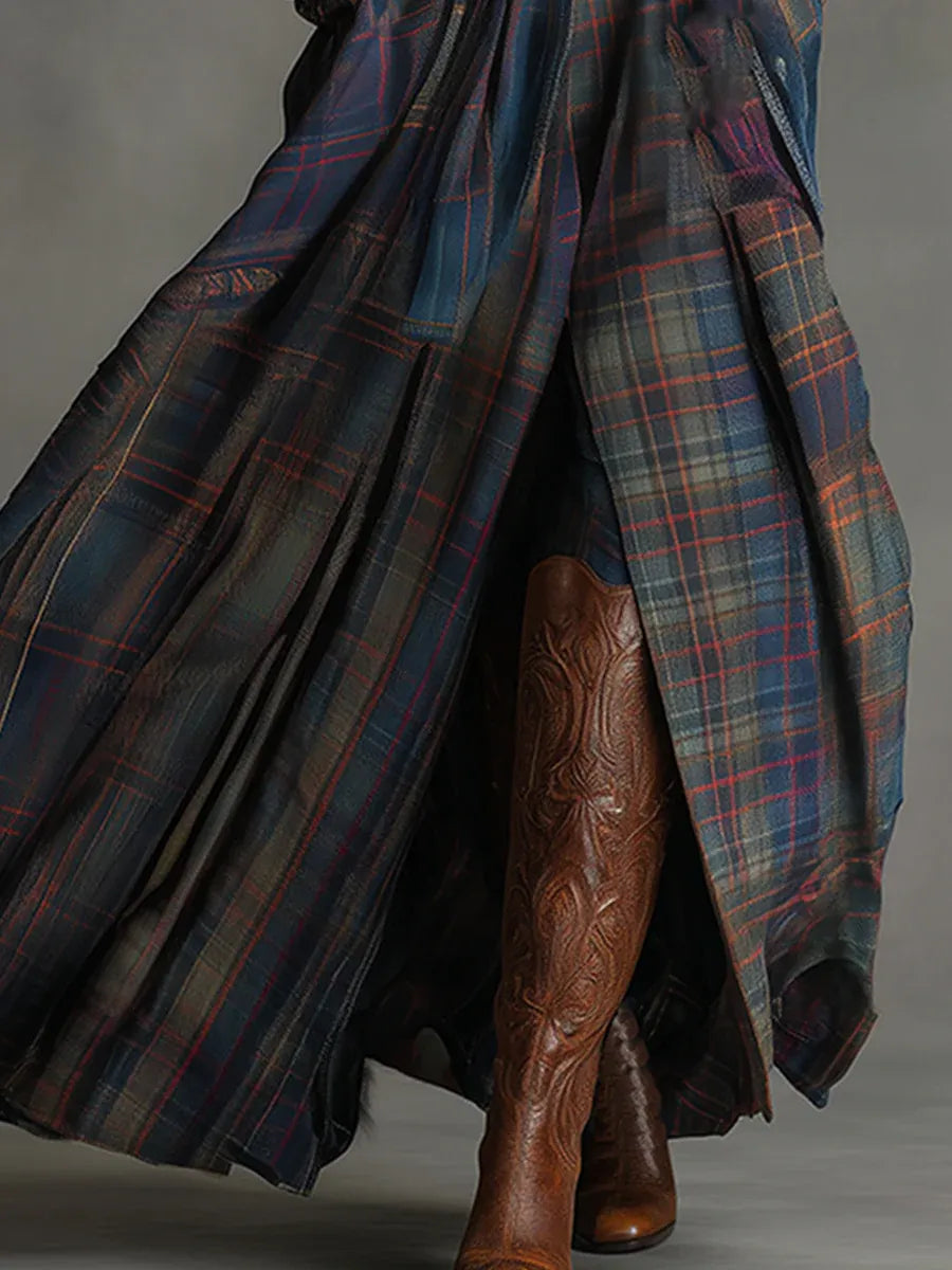 Elmont | Blue Plaid Faux Suede Maxi Dress with Belt