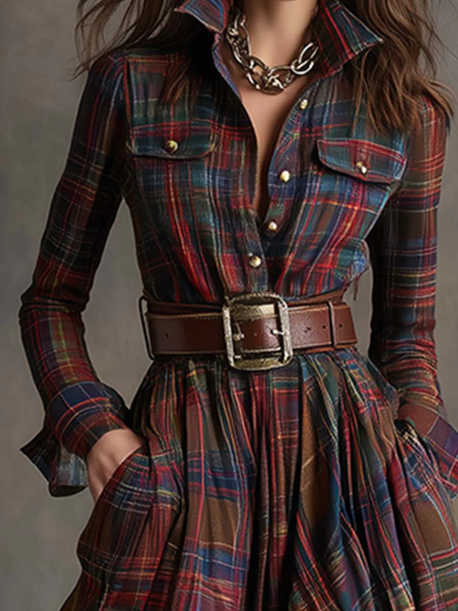 Elmont | Checked Belted Maxi Shirt Dress