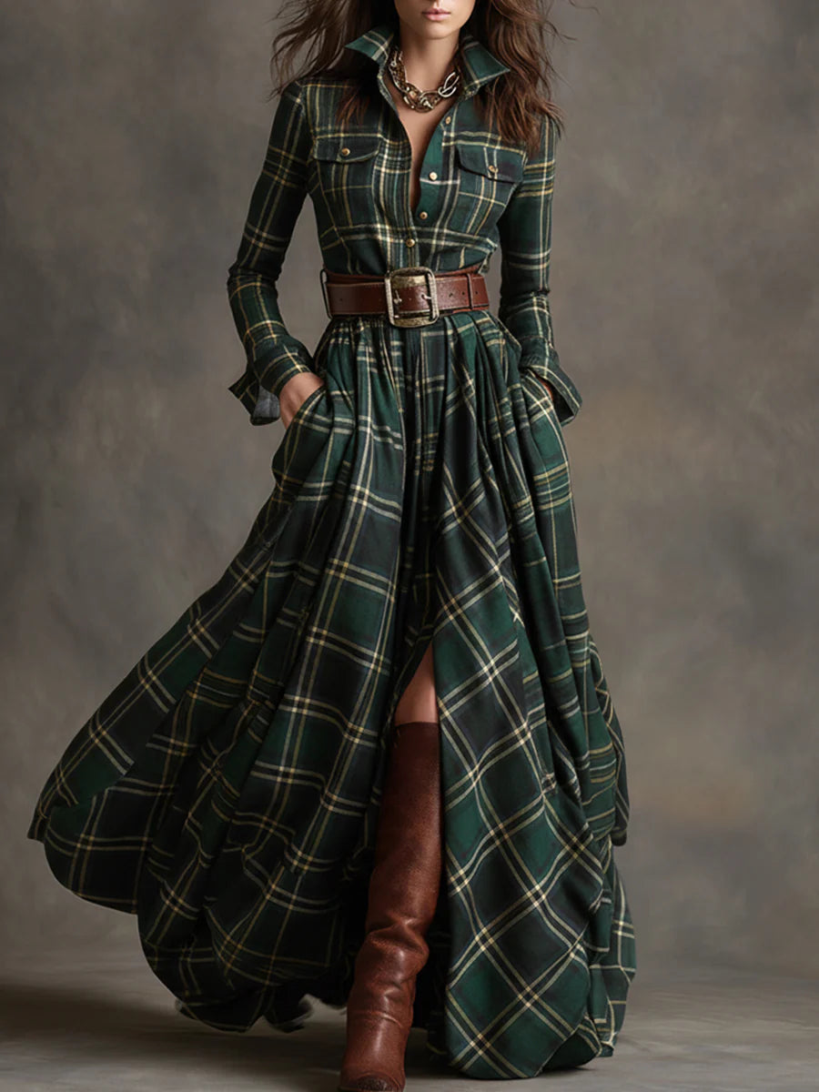 Elmont | Belted Plaid Maxi Dress
