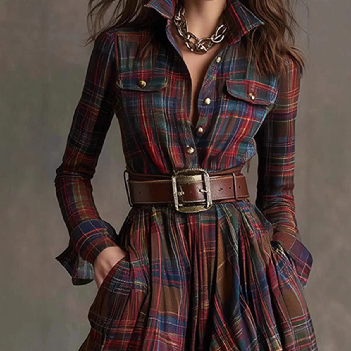 Elmont | Plaid Belted Maxi Dress