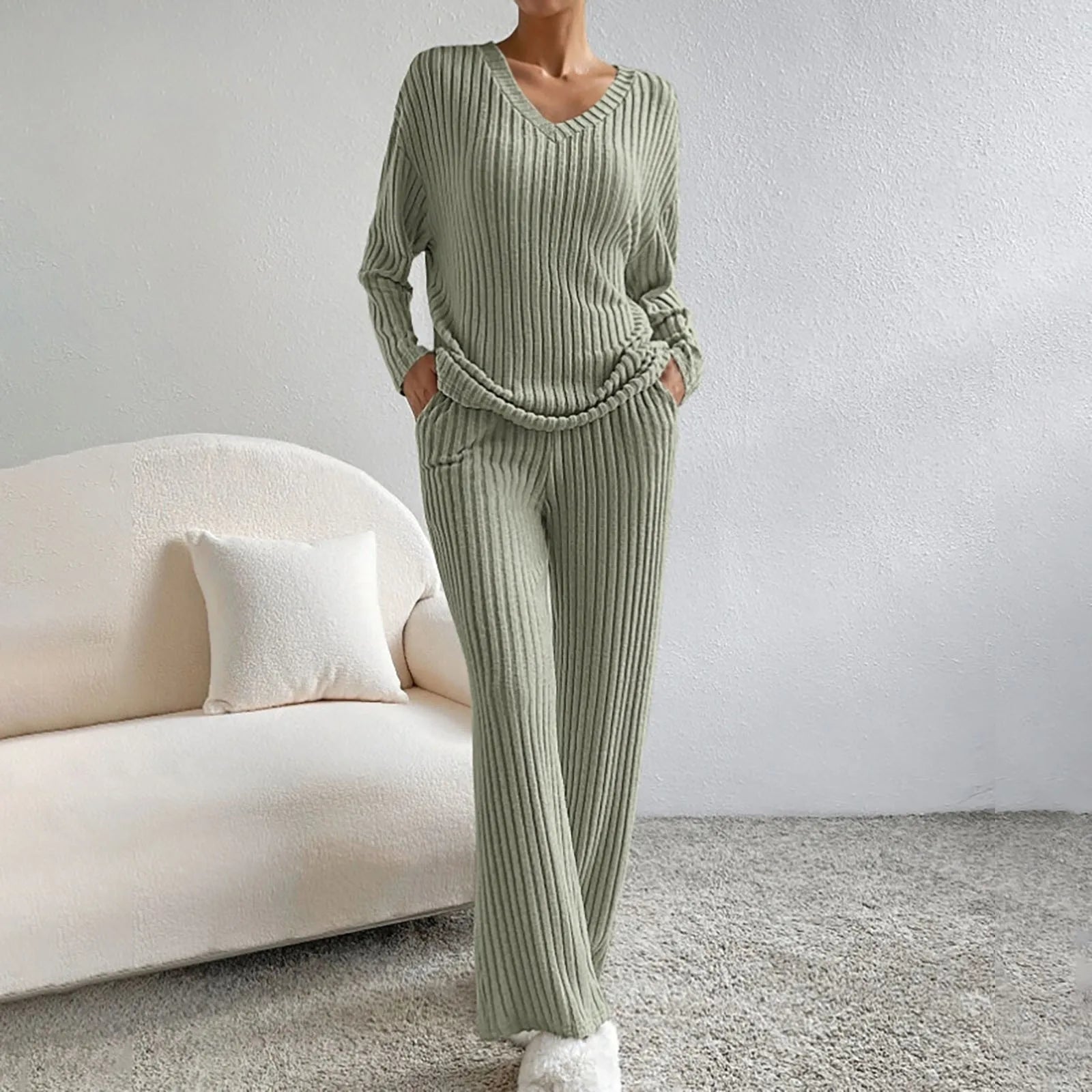 Sarah | Ribbed V-Neck Top and Wide-Leg Pant Set