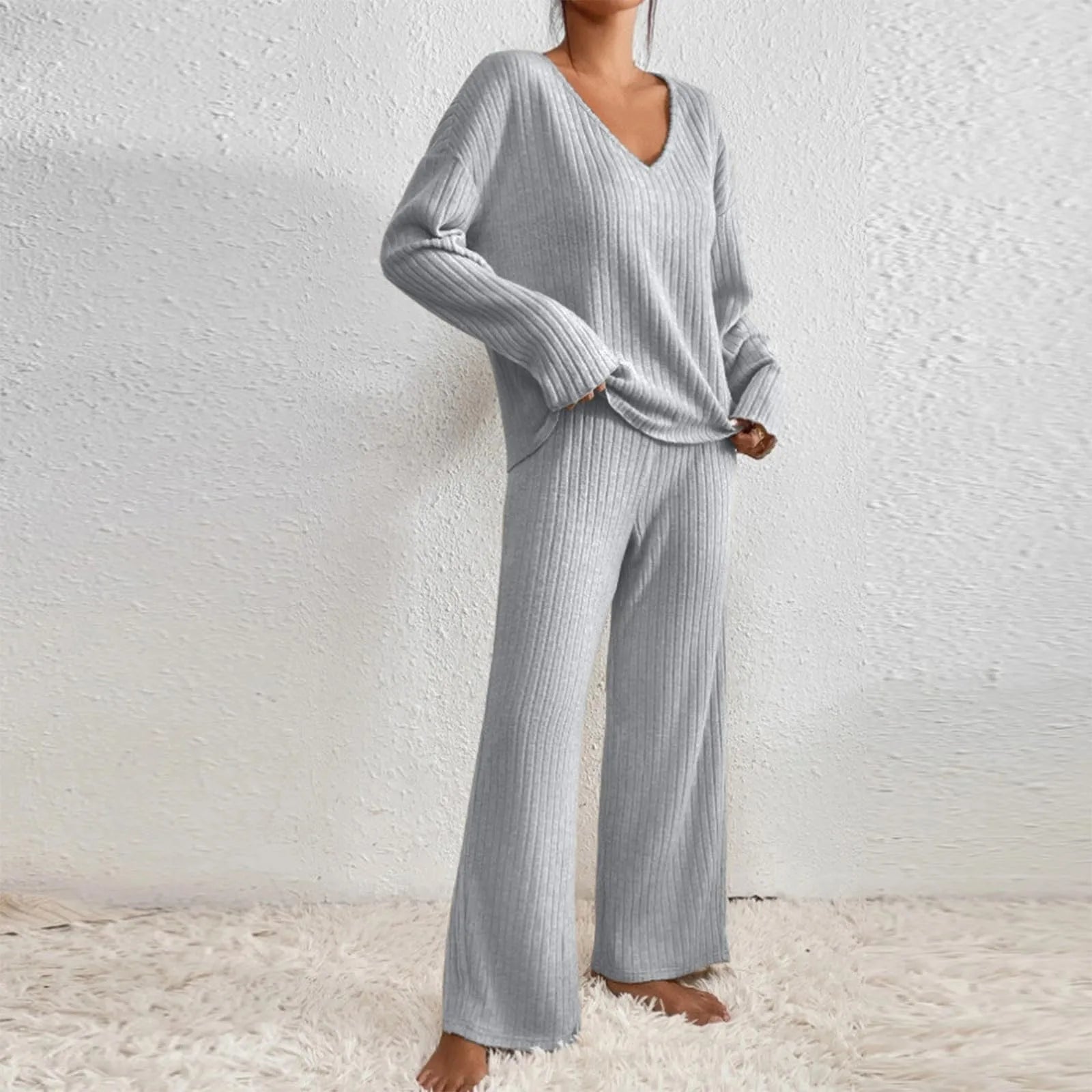 Camila | Ribbed V-Neck Top & Wide-Leg Pant Set