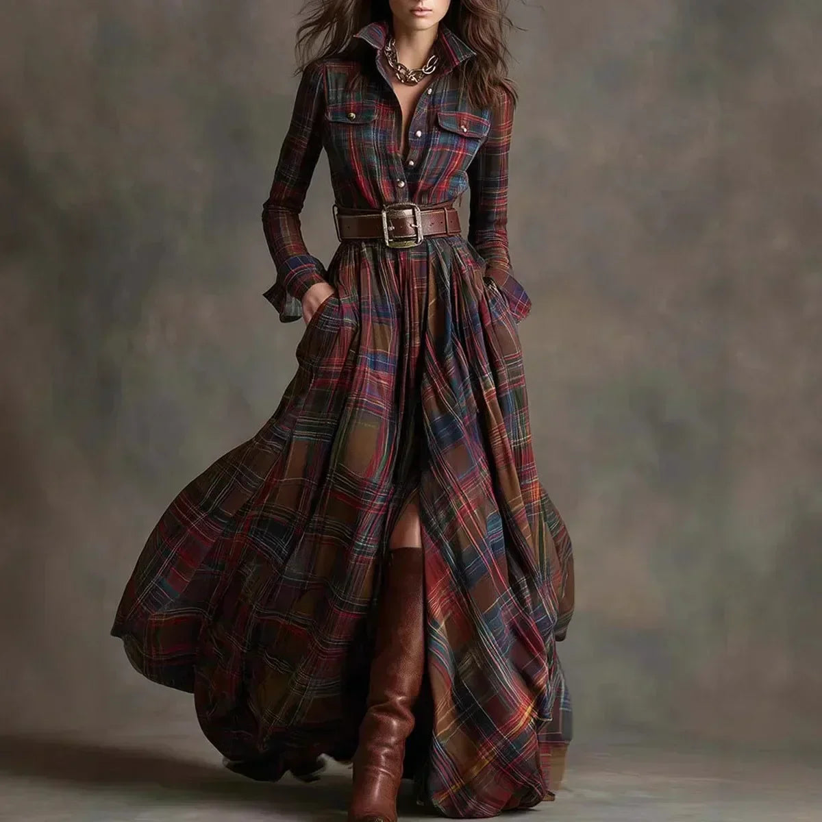 Elmont | Plaid Belted Maxi Dress