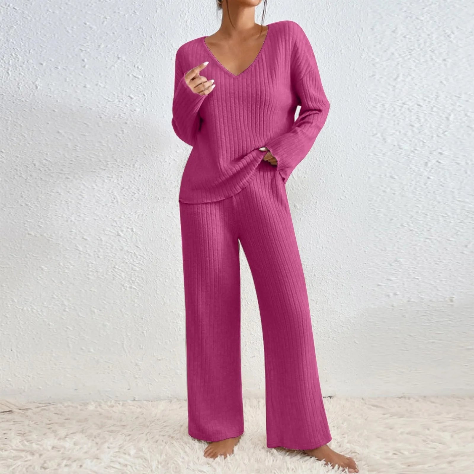 Sarah | Ribbed V-Neck Top and Wide-Leg Pant Set