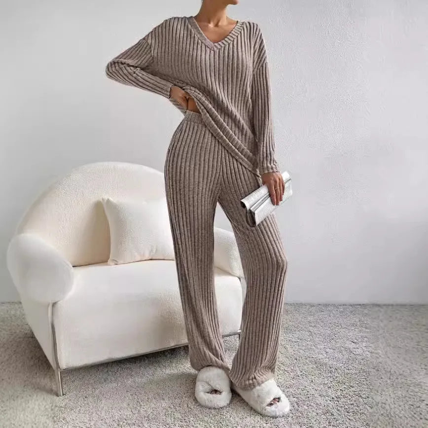 Sarah | Ribbed V-Neck Top and Wide-Leg Pant Set